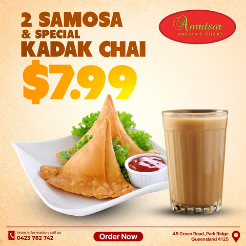 2 Samosa + Kadak Chai $7.99